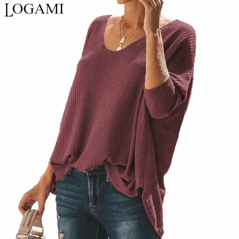 

LOGAMI V Neck Knit Sweater Woman Long Sleeve Thin Pullover And Sweater Fashion Autumn Winter Tops For Women