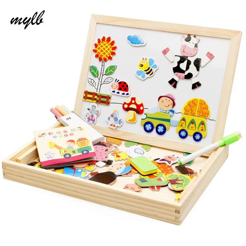 

mylb Educational Farm Jungle Animal Wooden Magnetic Puzzle Toys for Children Kids Jigsaw Baby's Drawing Easel Board
