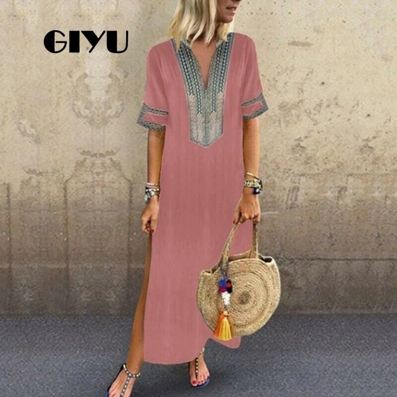 

GIYU Bohemia Holiday Summer Side Split Dresses Women Short Sleeve Long Dress Casual Loose Vestidos Printing robe femme
