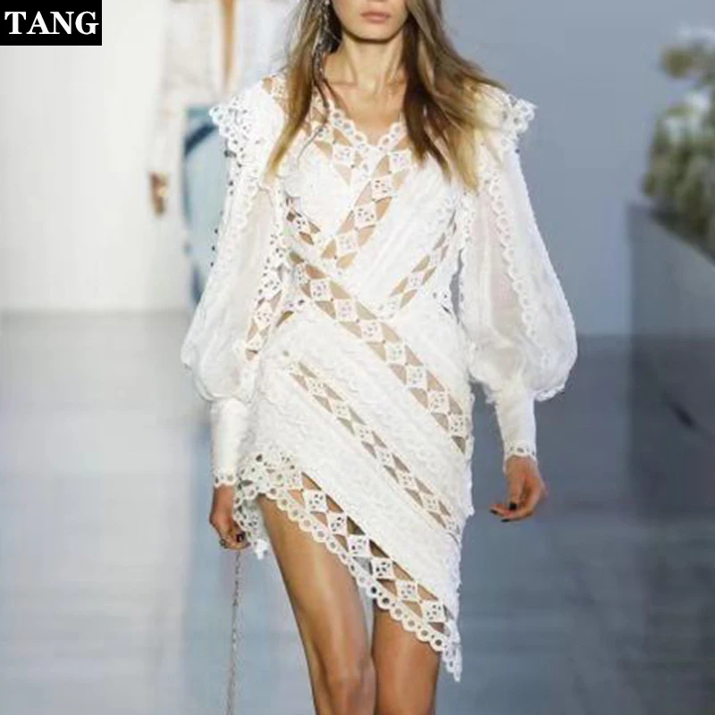 Designer Runway Dress 2019 Summer Women Long Sleeve Hollow Out Irregular Mid-Calf Lace Dress (6)