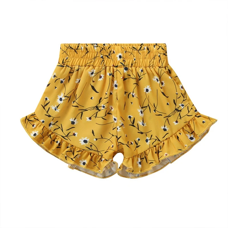 Повседневная желтая эластичная лента с цветочным принтом; Летняя Повседневная модная одежда для маленьких девочек с рюшами и цветочным