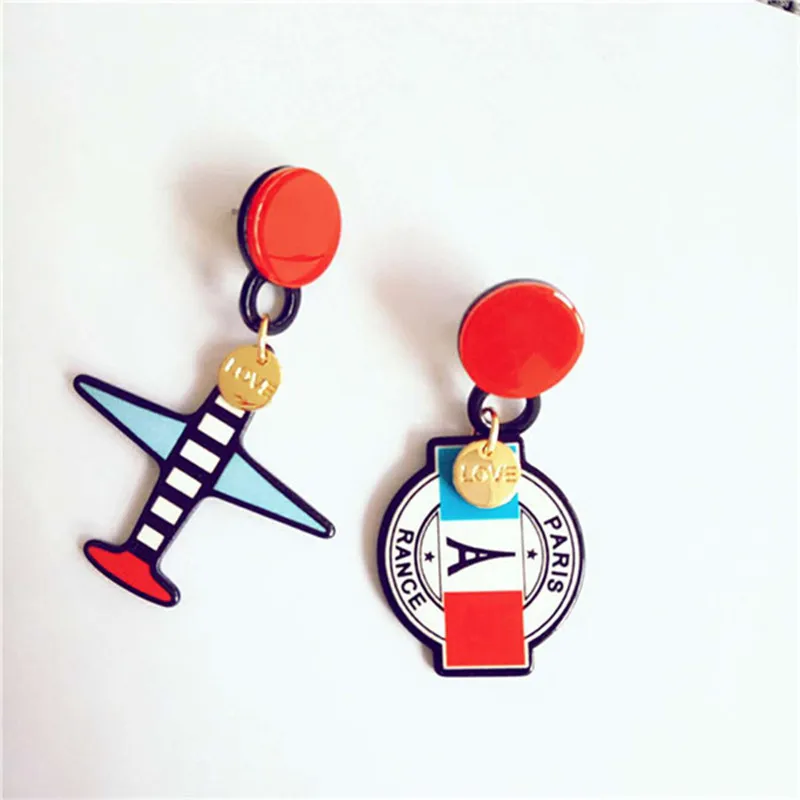 

European Fashion Punk Uneven Asymmetric Acrylic Aircraft Plane Earrings Ear Stud Jewelry For Gift