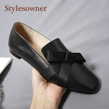 Stylesowner Лоферы Для женщин плоской подошве с бантом обувь на плоской подошве Повседневное дамы из натуральной кожи женская обувь для мам обувь для вождения бежевый Черная; большого размера