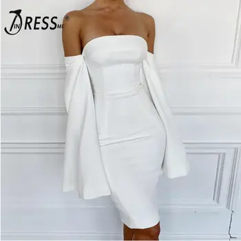 

INDRESSME 2019 New Sexy Off The Shoulder White Party Club Strapless Long Slit Sleeve Midi Bandage Midi Dress Wholesale Vestidos