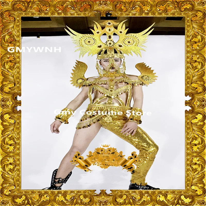

CC11 Ballroom dance costumes dj gold mirror outfit men bodysuit performance models wears clothe cosplay dress headwear singer dj
