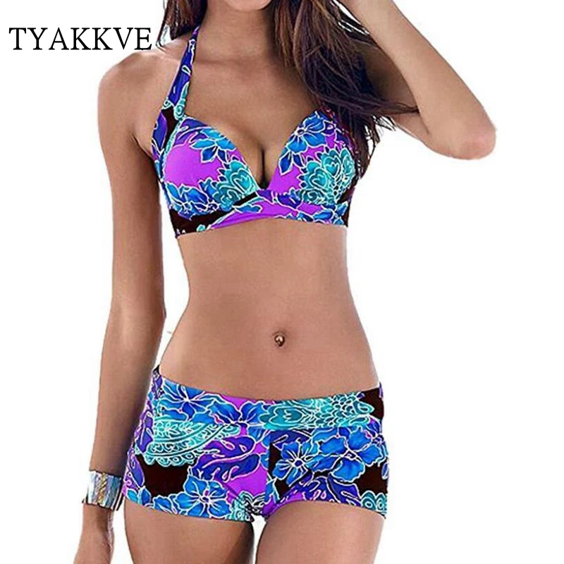 

Bikini Set 2019 Sexy Push Up Swimsuit Plus Size Swimwear Women Vintage Beachwear Halter Print Bikini Bathing Suit Shorts S-XXXL