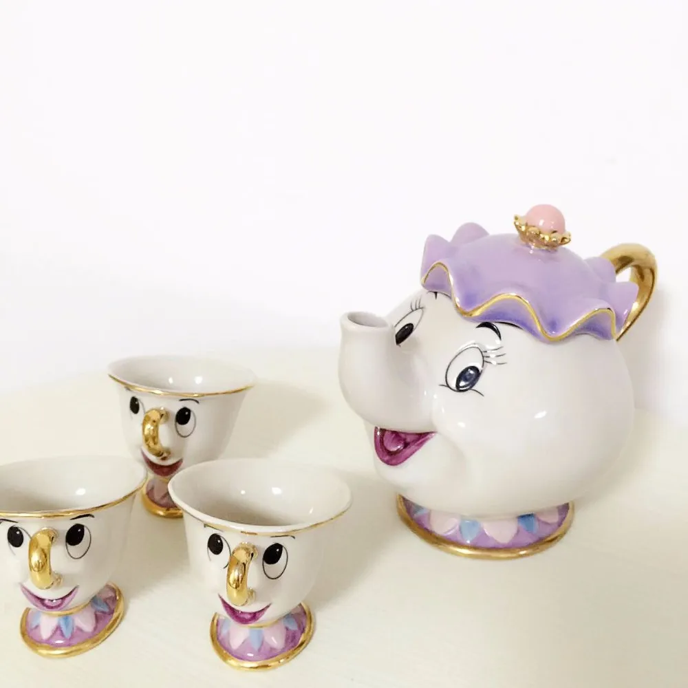 1 POT 3 CUPS Cartoon Beauty And The Beast Mrs Potts Chip Coffee Tea Set Pot