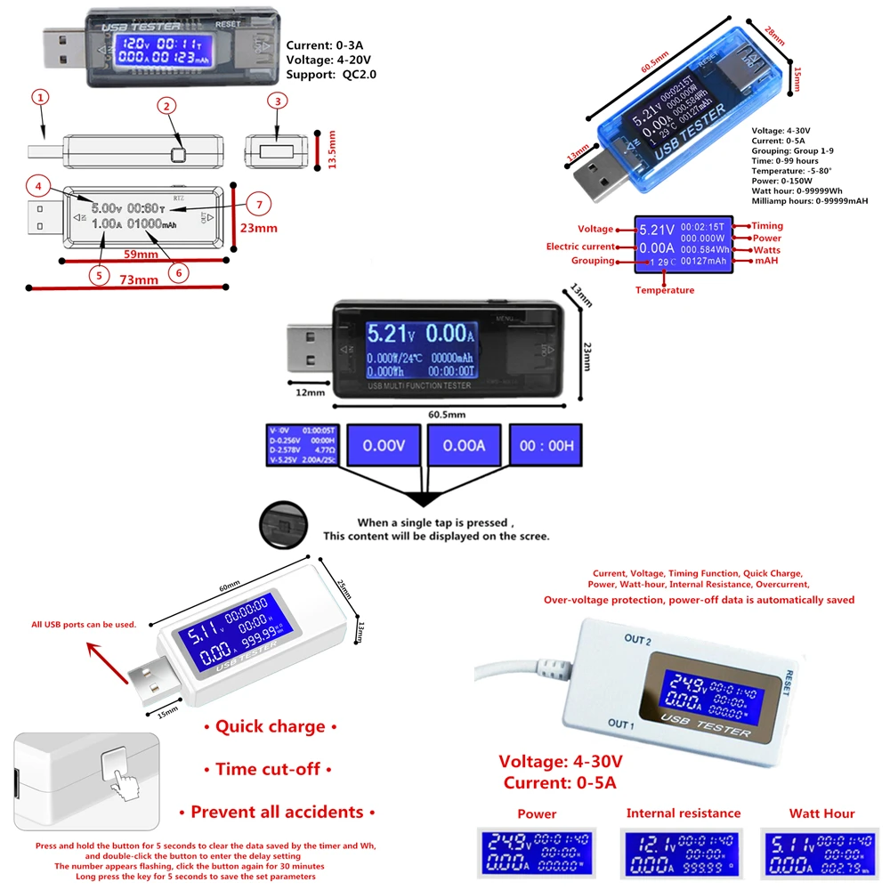 

8 in1 QC2.0 3.0 4-30v Electrical power USB capacity voltage tester current meter monitor voltmeter ammeter