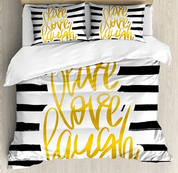 

Live Laugh Love Duvet Cover Set, Romantic Design with Hand Drawn Stripes and Calligraphic Text,e 4 Piece Bedding Set