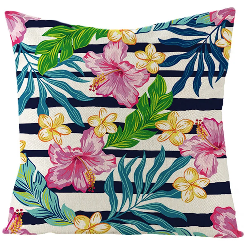 Fuwatacchi Цветочная подушка крышка с изображением розовых цветов и зеленого цветов в полоску, декоративная наволочка для подушки маленький яркий цветок, наволочки для подушек размером 45*45, декоративная квадратная льняная