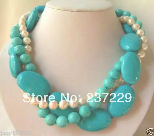 

HOT## Wholesale price FREE SHIPPING ^^^^Charming!3Strds 8mm White Pearl&Turquoise Necklace