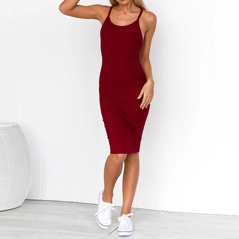 Hot Sale Sexy Women Slim Base Pencil Dress Summer Female Strappy Backless Bodycon Casual Solid Midi Dress Party Cocktail Dress