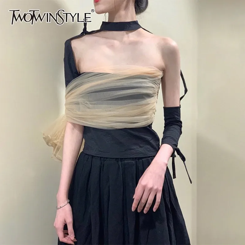 

TWOTWINSTYLE Summer Mesh Patchwork Sexy T Shirt For Women Turtleneck Irregular Bandage Slim Tops Female Fashion 2019