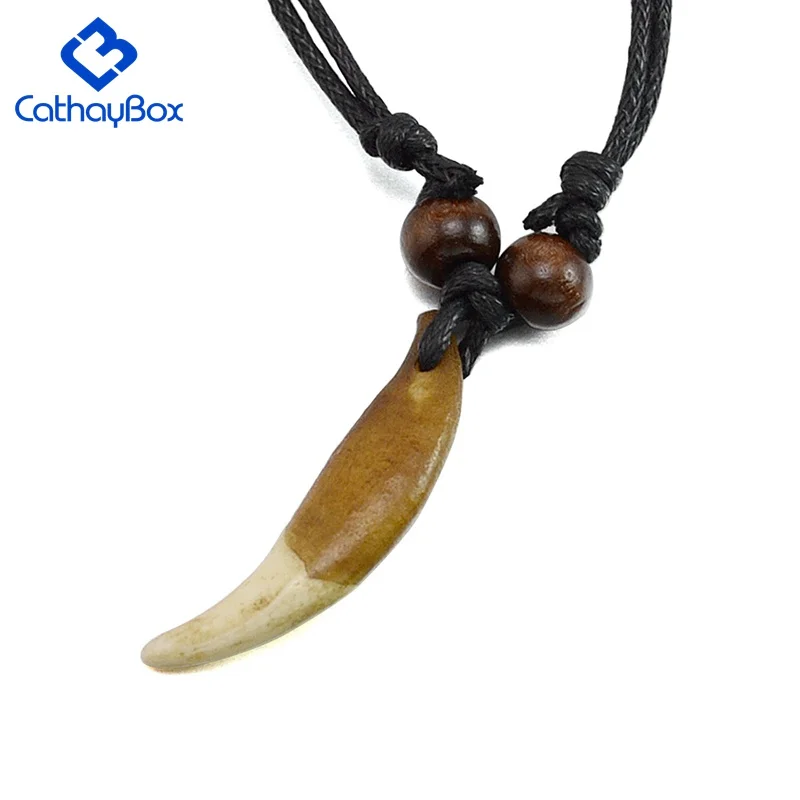 Men Tribal Wolf Tooth Charm Pendant Necklace Vintage Look Teeth Jewelry Adjustable Black Cord CB03B015