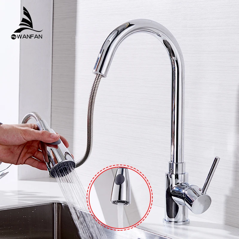  Kitchen Faucets Silver Single Handle Pull Out Kitchen Tap Single Hole Handle Swivel 360 Degree Wate - 1726154306