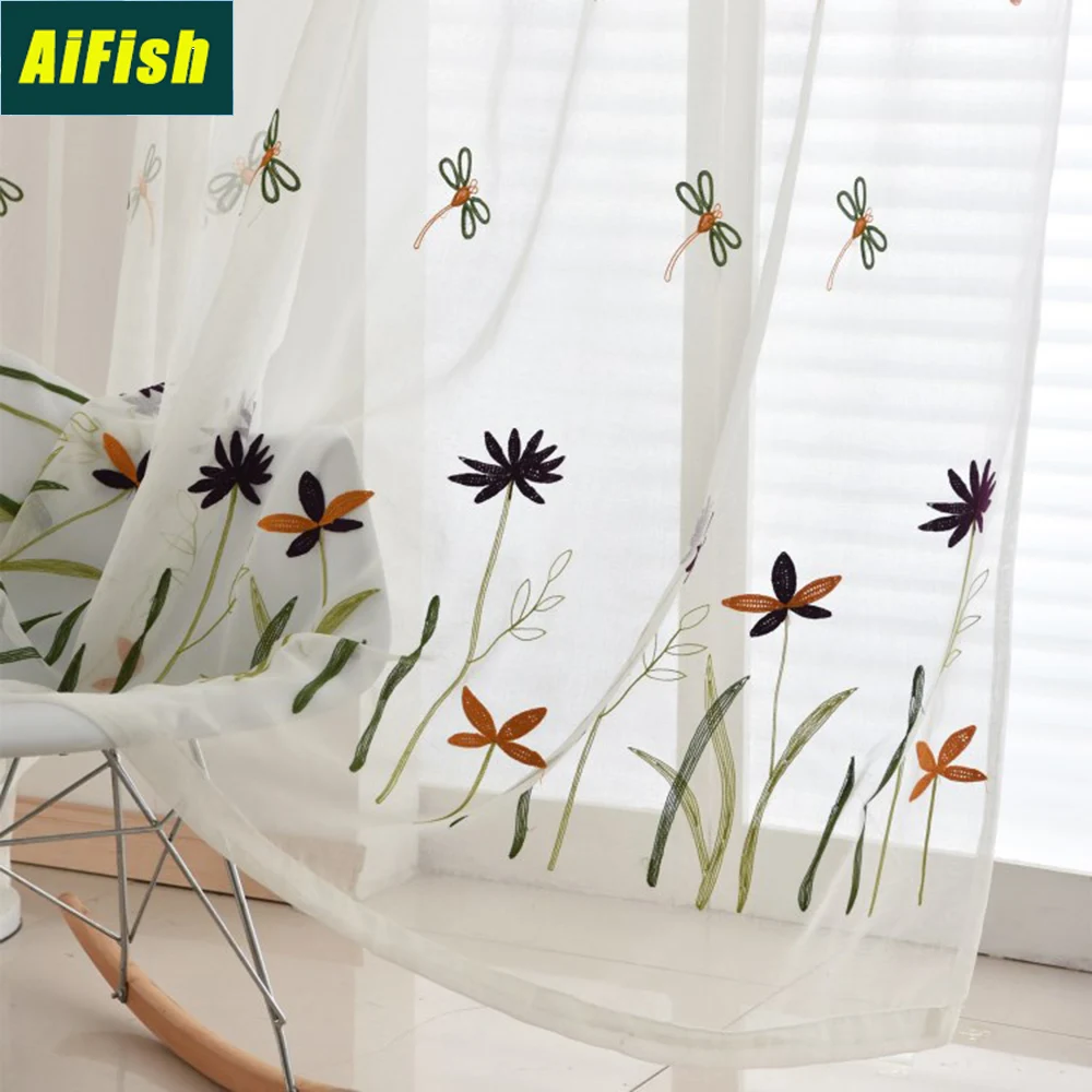 Dragonfly Embroidered White Sheer Voile Curtains For Kids Room