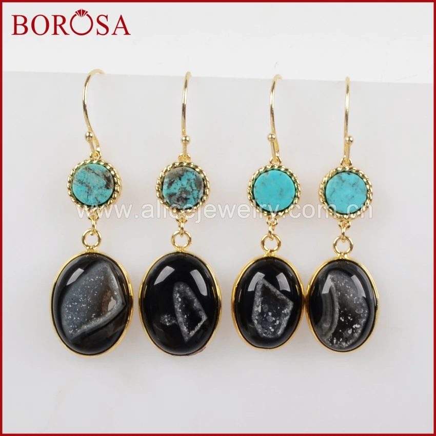 

BOROSA Drop Earrings Jewelry Earrings for Women,Gold Bezel Round 100% Blue Natural Stone & Oval Black Onyx Stone Earrings ZG0149