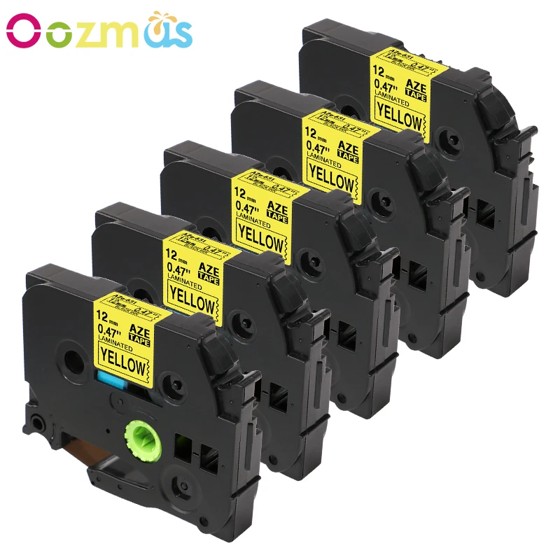 Oozmas 5 шт. 12 мм фотосовместимость с Brother P-touch черные на желтых зеркальных лентах TZ