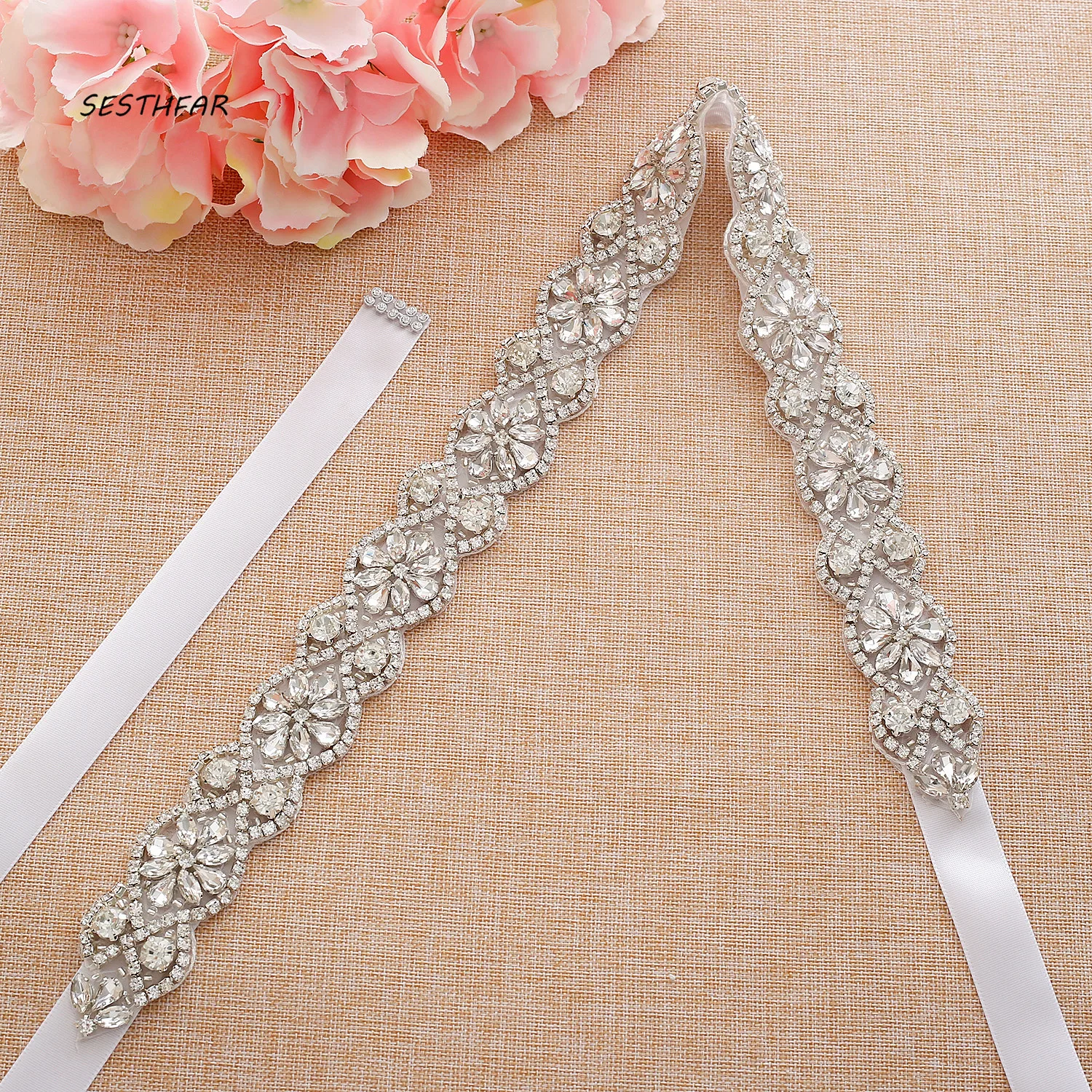 

Rhinestones Thin Flower Bridal Belt Diamond Wedding Belt Ribbon Crystal Bridal Sash For Wedding Gown J194S