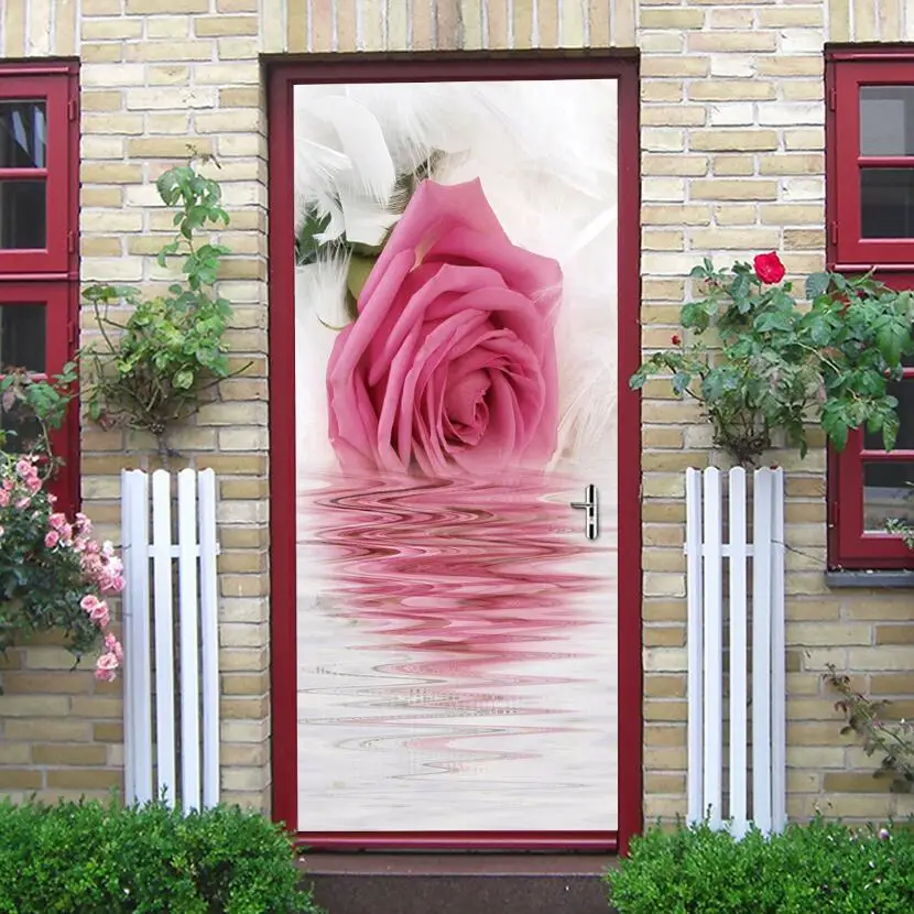 Красивая 3d Розовая роза цветок дверь наклейки воды цветочный Deursticker Свадебные украшения Autocollant Porte домашний декор плакат W185