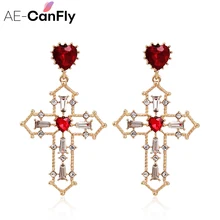 AE-CANFLY, трендовые блестящие красные Кристальные серьги-капли с крестиком, Женские аксессуары, подарок