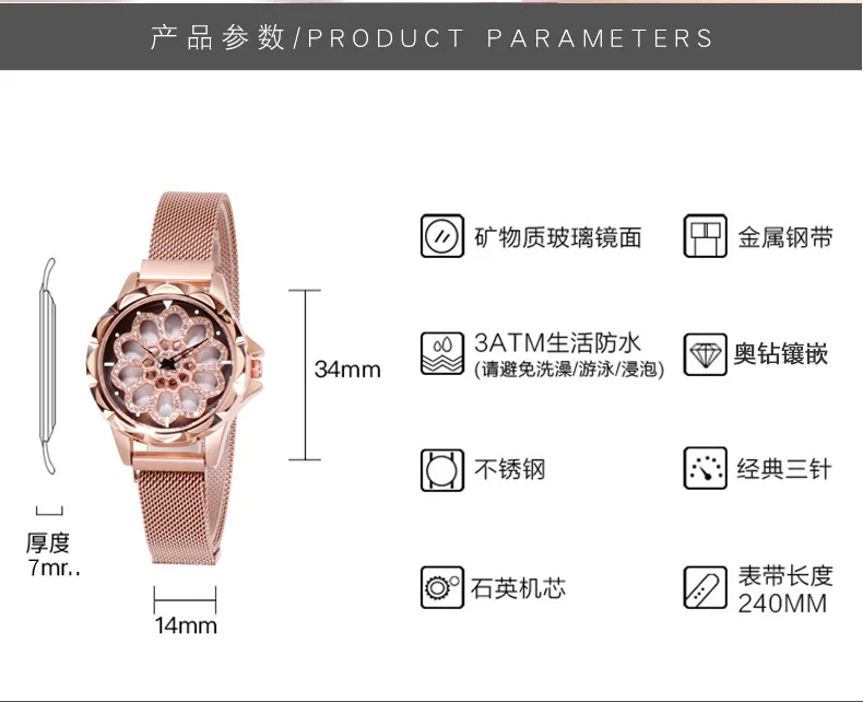 Новинка, Топ бренд, розовое золото, 360 градусов вращения, женские сетчатые часы с магнитной пряжкой, звездное небо, женские кварцевые часы, Relogio Feminino