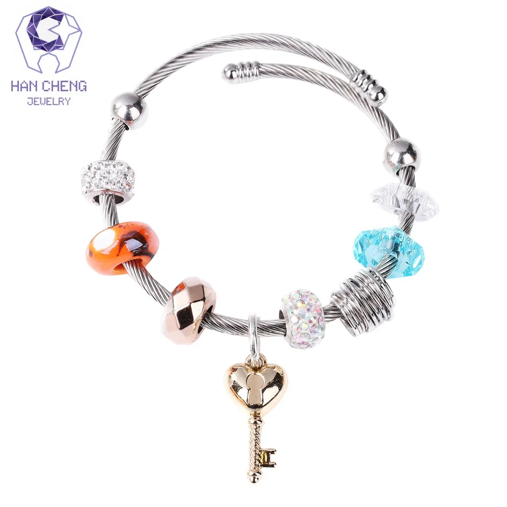 

HanCheng New Boho Key Handmade Charm Bracelet Rhinestone Crystal Glass Beads Bracelets & Bangles for Women Jewelry Silver Chain