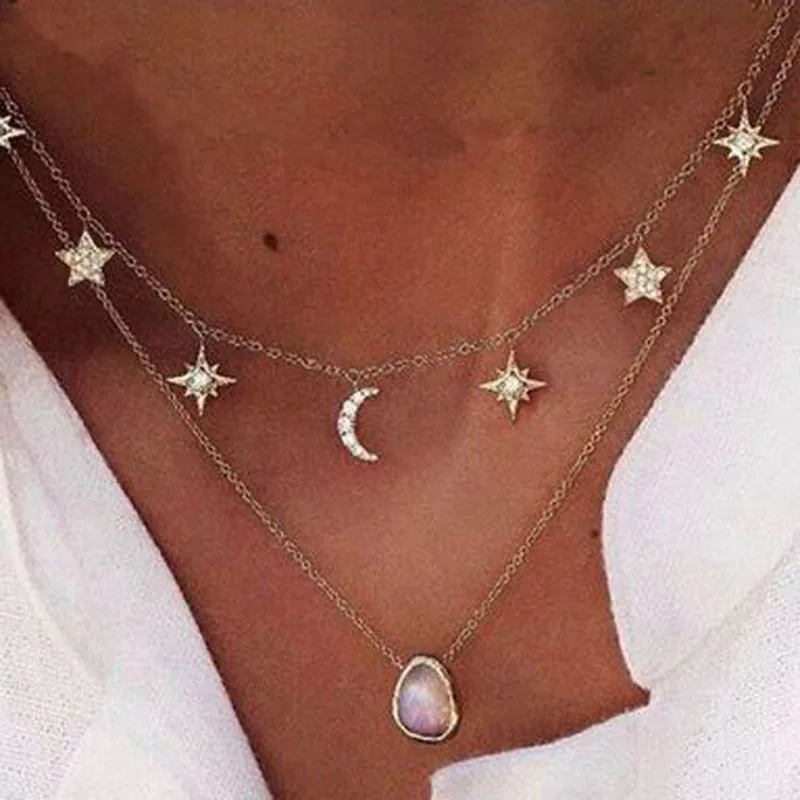 

Ethnic Boho Statement Moon Star Necklace&Pendant Women Fashion Gold Double Chains Choker Necklaces collier femme