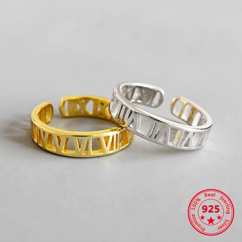 

925 Sterling Silver Korean Version Concise Chic Rings Adjustable Designs Hollow Roman Numerals Rings Gifts For Women