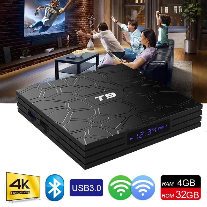

2019 New Android TV Box Android 9.0 OS 4G 32G RK3328 Quad Core USB 3.0 Smart TV Set Top Box T9 2.4G WIFI Bluetooth 4K Smart Box