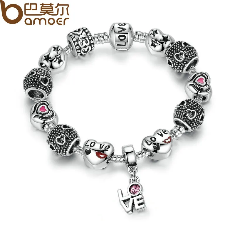 

BAMOER Silver Color European Pink Charm Bracelets for Women DIY Jewelry Bracelets & Bangles Pulseras PA1488