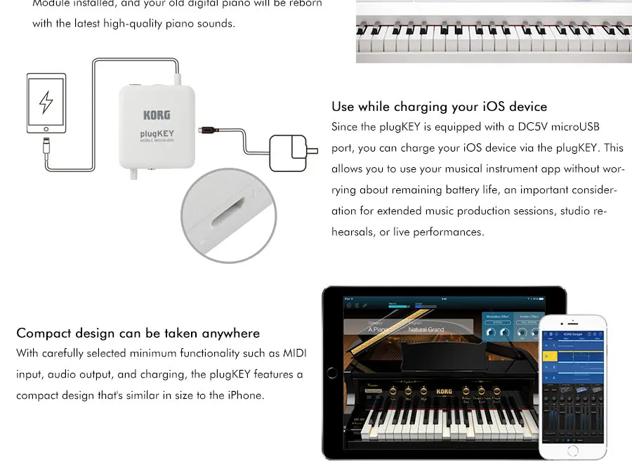 Korg Plugkey мобильный MIDI/аудио канал Аудио плагин; Воспроизведение iPhone/iPad с помощью любой клавиатуры