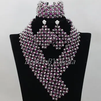 

2017 Latest Silver Crystal Beads Bridal Jewelry Sets Nigerian Wedding Necklace African Beads Jewelry Set Free Shipping ABF871