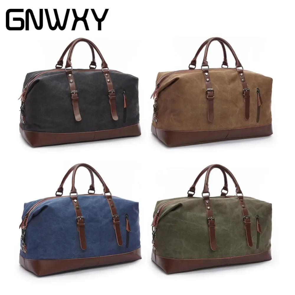 

GNWXY PU Leather Handle Soft Canvas Travel Luggage Bag Large Capacity Men Women Multifunctional Weekend Overnight Bag Handbag