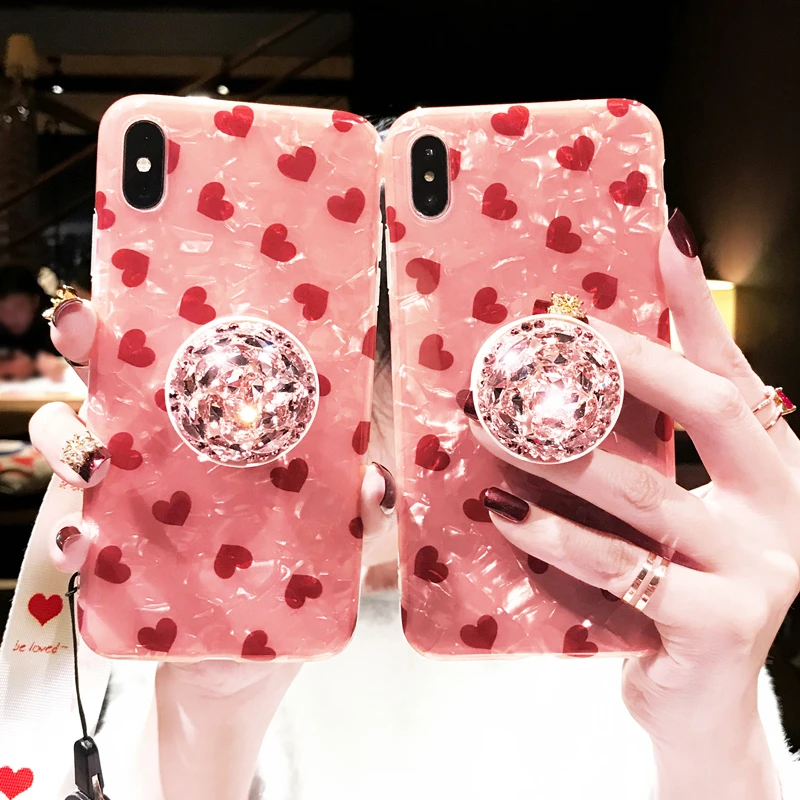 

Luxury Cute Shell Pink Love Graffiti Shiny glitter 3D Diamond Bracket Silicone phone case for iphone X XR XS MAX 7 8 plus 6S