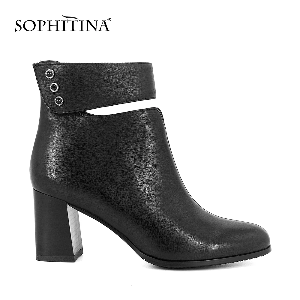 SOPHITINA New Fashion Woman Ankle Boots Good-quality Genuine Leather Shoes Sexy Pointed Toe Square Heels Ankle Strap Shoes B84