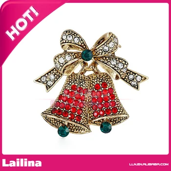 

100pcs/lot Free Shipping Christmas Double Bell With Red Rhinestone Brooch Pin Jewelry