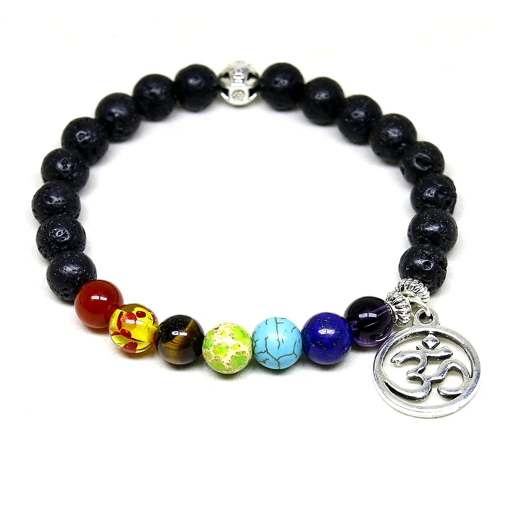 Natural Stone Mens Bracelets Black Lava 7 Chakra Healing Balance 8mm Beads Reiki Prayer OM Yoga