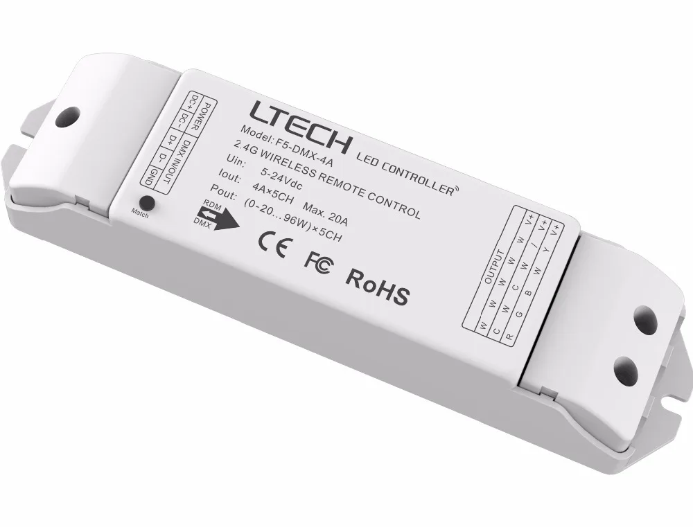 

F4-DMX-5A; LED Wireless&Wire Driver;RF 2.4GHz wireless signal and DMX wire connection/DC5-24V/5A*4CH output