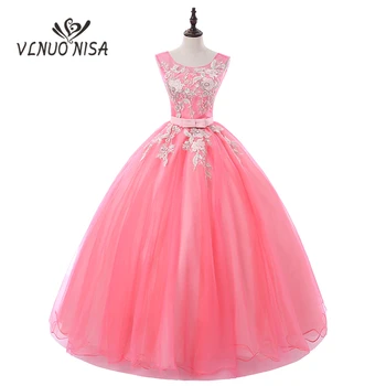 

VLNUO NISA Elegant Long Evening Dress O-Neck Backless Lace Up Ball Gown Sweet Beading Flower Appliques Party Prom Solo Show Gown