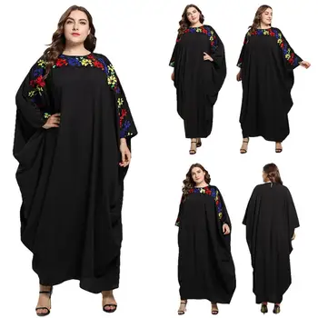 

New Batwing Sleeve Embroidery Dress Farasha Abaya Muslim For Women Oversize Islamic Robe Gown Arab Plus Size Loose Black Dress