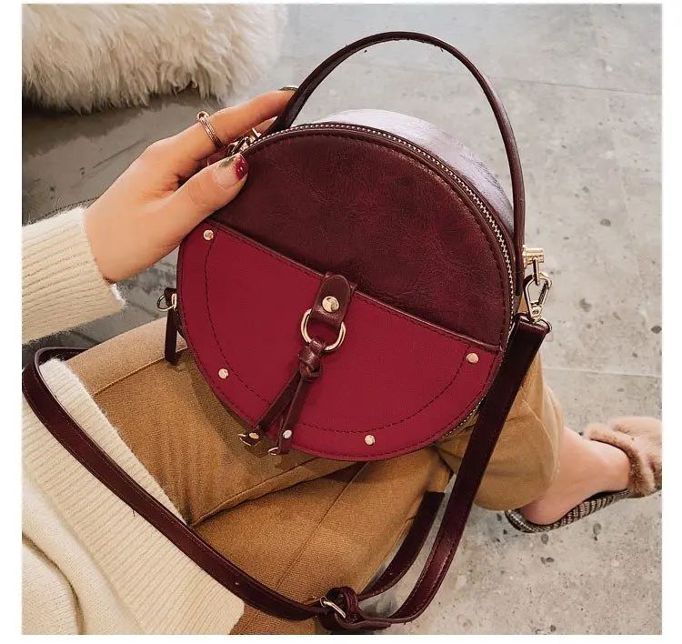 

Hot vintage Scrub Leather Round Designer Crossbody Bag For Women PU Leather Shoulder Bags Ladies Small Handbags Mini Tote Bag