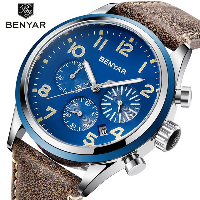 BENYAR новый лучший бренд класса люкс модные для мужчин кварцевые синие часы армия военная Униформа хронограф кожаный мужской наручные