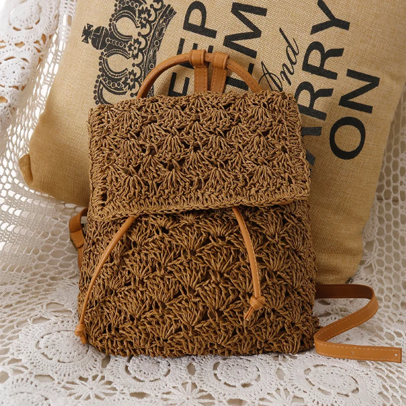 Новинка, Женский соломенный рюкзак, открытая вязаная крючком сумка, популярные женские летние плетеные рюкзаки ручной работы из ротанга - Цвет: Brown