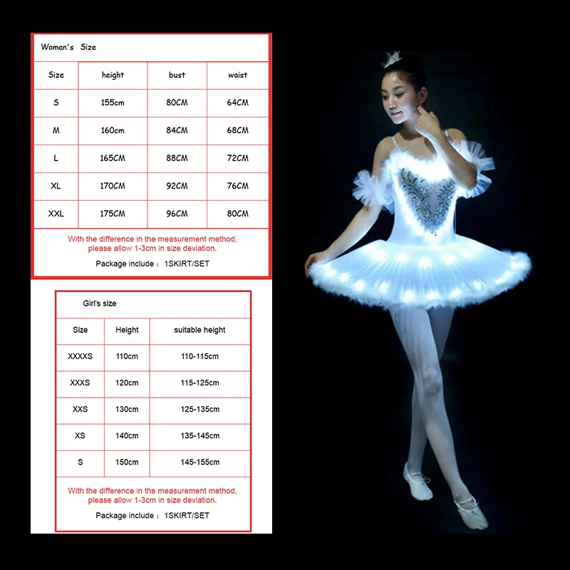 Girls LED Light Ballet Dance Costumes Fluffy Fluorescent Swan Lake Night Leotard
