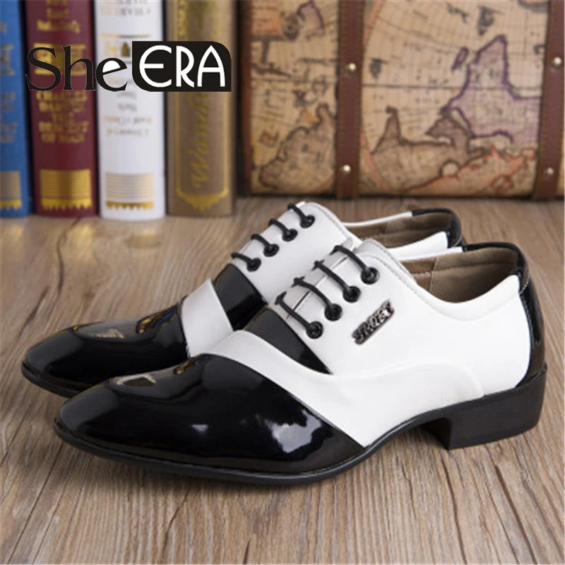 

She ERA 2018 Fashion Men Office Shoes PU Patent Leather Men Dress Shoes Mixed White Black Male Soft Leather Wedding Oxford Shoes