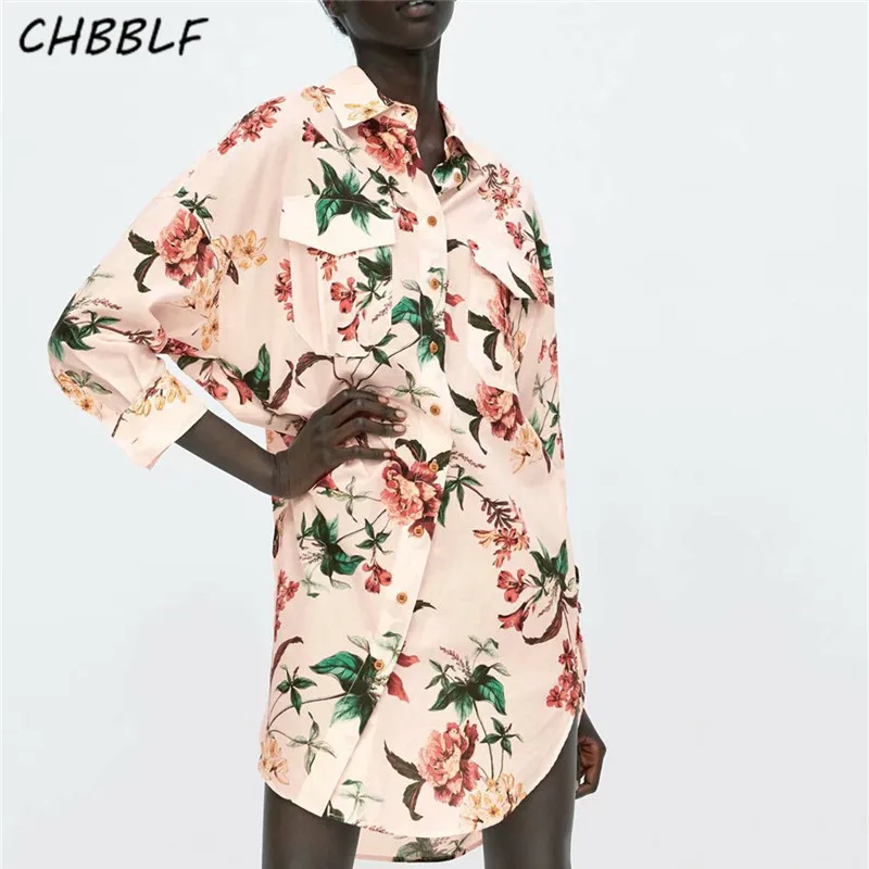 

CHBBLF floral print long blouse long sleeve turn down collar shirt female loose casual tops blusas C8606