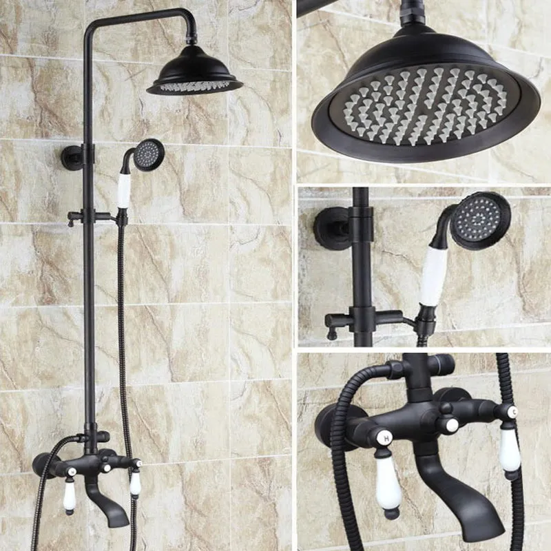 

Black Oil Rubbed Brass Dual Ceramics Handles Bathroom Rain Shower Faucet Set + Rainfall Shower Head + Handheld Shower ahg144