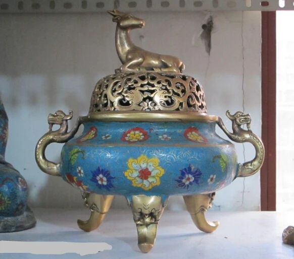 

xd 001668 China royal household Bronze Cloisonne deer Ding dragon incense burner censer