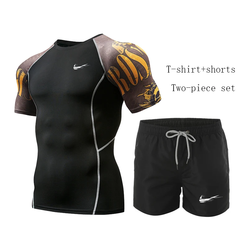 

New Compression Set Men Sport Tracksuit Fitness Tight Men short T shirt Leggings Gym Run Jogging Quick Dry Clothes 2pcs / Sets